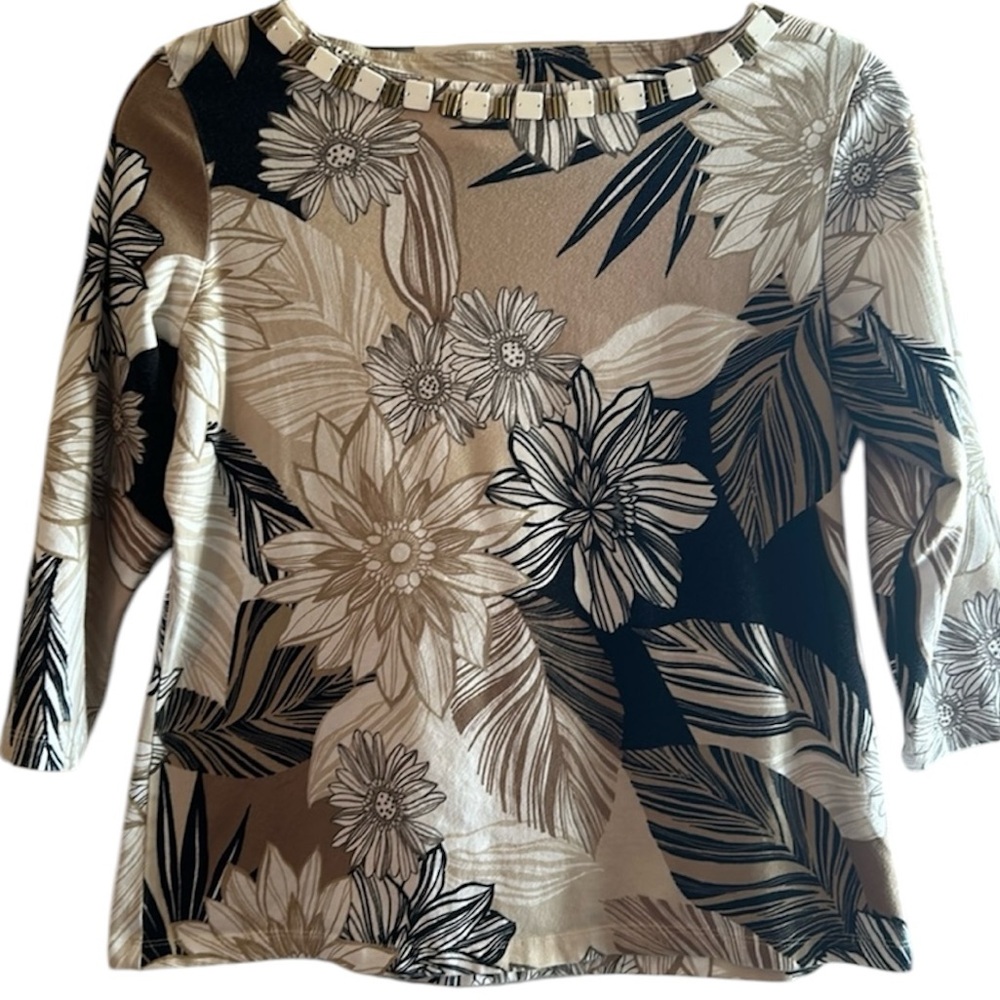 Ruby Rd. Floral Top with Embellished Neckline and 3/4 Length Sleeves